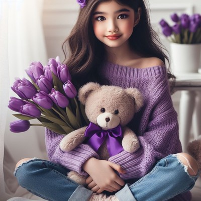 Girl holding teddy bear and tulips