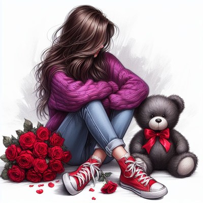 Girl sitting with teddy bear and roses