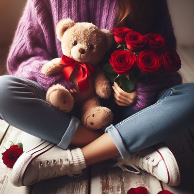 Girl holding teddy bear and roses
