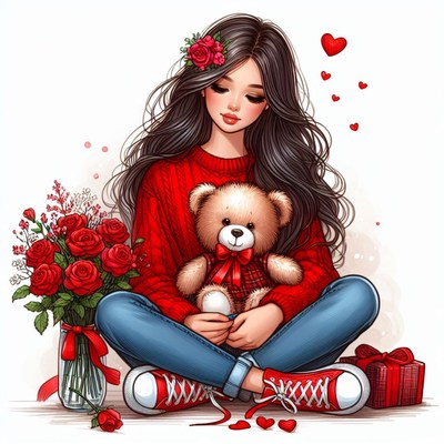 Girl with teddy bear and roses