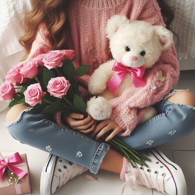 Girl holding roses and teddy bear