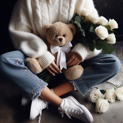 Woman holding teddy bear and roses