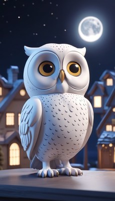 Snowy owl under full moon