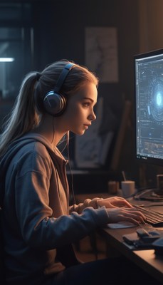 Woman gaming with headphones at night