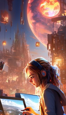 Woman working in futuristic city