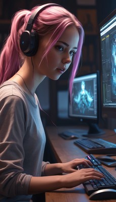 Woman with pink hair gaming at night