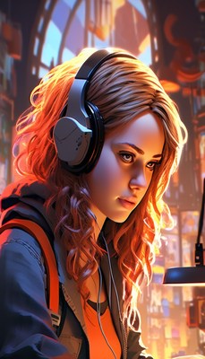 Woman listening to music in a bookstore