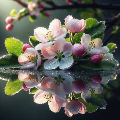 Pink apple blossoms reflected in water