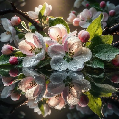 Dew-covered apple blossoms reflecting in water