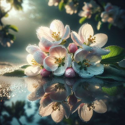 Dew-covered apple blossoms reflecting in water