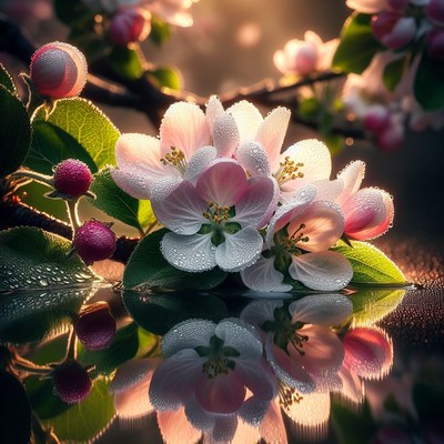 Dewy apple blossoms reflecting in water