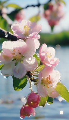 Pink apple blossoms after rain