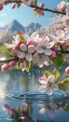 Blossom branch raining on water