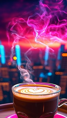 Coffee steam over city skyline