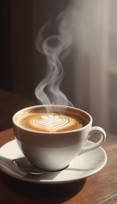 Steaming latte on wooden table