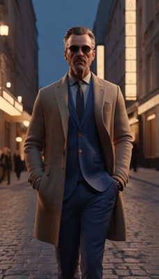 Man walking in city at dusk