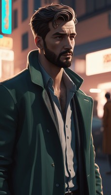 Man in green coat walking at night