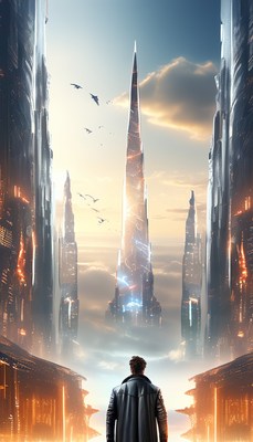 Man facing futuristic skyscrapers