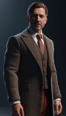 Man in suit stands in dark room