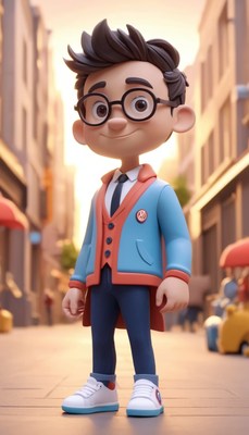 3d boy in glasses on city street