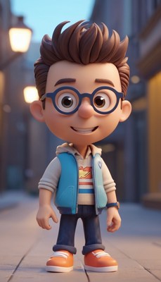 Boy in glasses smiles on city street