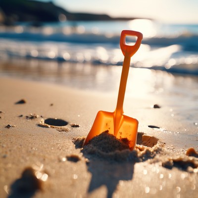 Orange shovel in beach sand