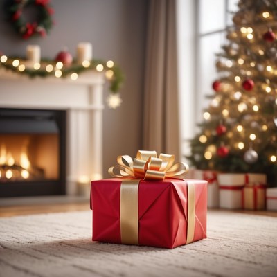 Red gift box under christmas tree