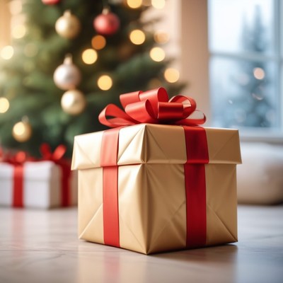Gold gift box under christmas tree