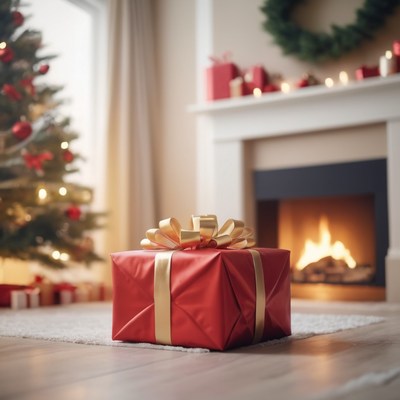 Red gift box near christmas tree and fireplace