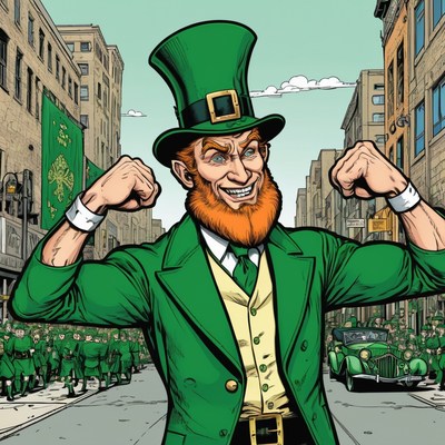 Muscular leprechaun in city parade