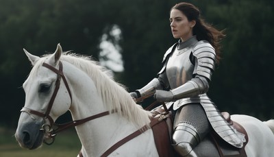 Woman in armor riding white horse