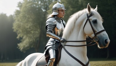 Woman in armor riding a white horse