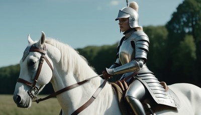 Woman in armor riding white horse