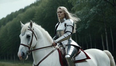 Woman in armor riding horse through forest