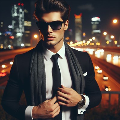 Man in suit adjusting tie at night