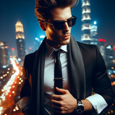 Man in suit at night in city