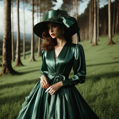 Woman in green dress in forest