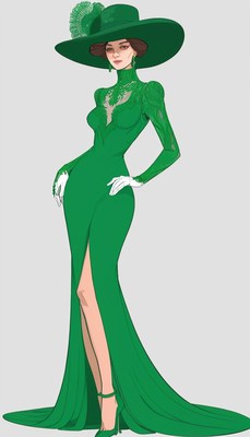 Woman in green gown and hat