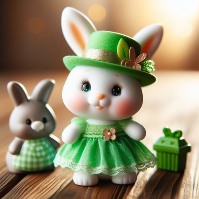 White rabbit in green dress and hat
