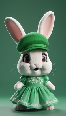White rabbit in green dress and hat