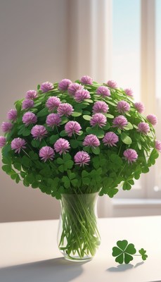 Pink clover bouquet in vase near window