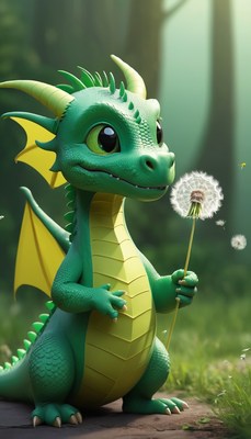 Green dragon holding dandelion