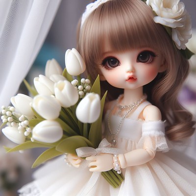 Doll holding white tulips