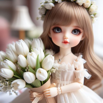 Doll holding tulips in white dress