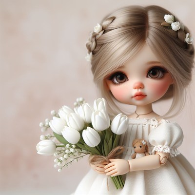 Porcelain doll holding tulips