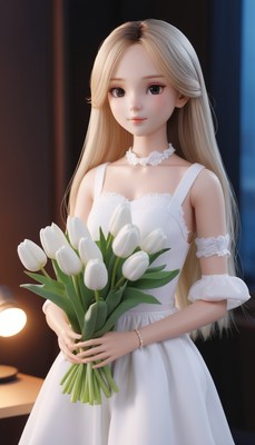 Blonde doll in white dress holding tulips