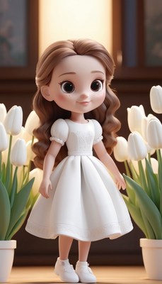 Girl in white dress with tulips