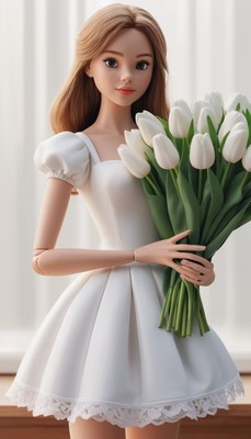 Girl in white dress holding tulips