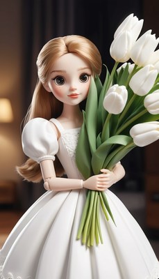 Doll holding white tulips