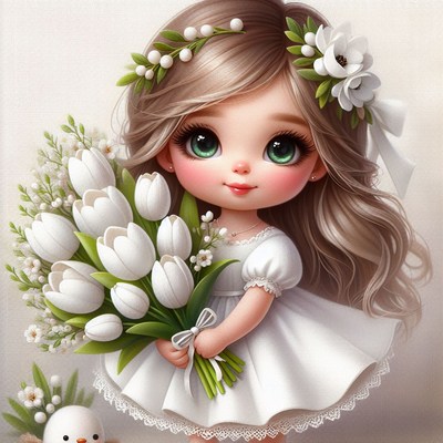 Girl holding tulips in white dress
